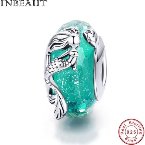 INBEAUT 100% Real 925 Sterling Silver Green Glass Mermaid Beads fit Brand Bracelet Fairy Sea Godless Charms Jewelry Making