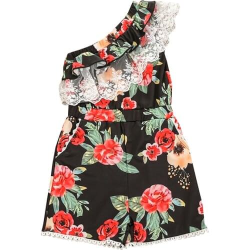 18M-6T Kids Girl Jumpsuits Summer Casual Sleeveless Playsuits Fresh Flower Oblique Shoulder Lace Trim Rompers Short Pants Summer
