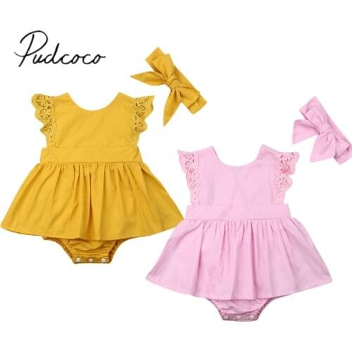 2019 Children Summer Clothing Infant Kid Baby Girl Lace 2pcs Bodysuit Headband Clothes Dress Solid Lace Sleeve Jumpsuits Clothes