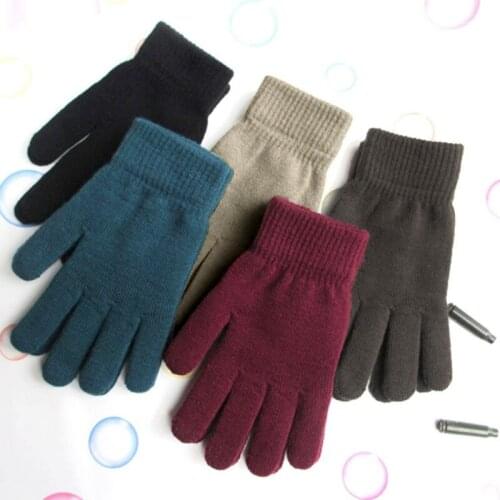 Women Men Unisex Winter Ribbed Knitted Full Fingered Gloves Basic Solid Color Thicken Plush Lining Mittens Thermal Wrist Warmer