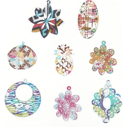 DoreenBeads Copper Enamel Painting Pendants Multicolor Leaf Geometric Filigree Stamping Jewelry DIY Findings Charms, 5 PCs