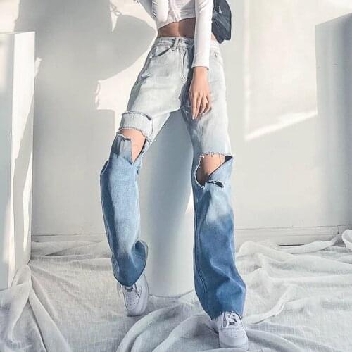 Woman Jeans High Waist Clothes Wide Leg Denim Clothing Blue Streetwear Vintage boyfriend ripped hole Harajuku Straight Pants