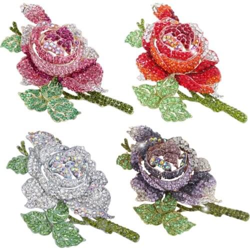 Exquisite Austrian Crystal Roman Rose Flower Plant Brooch Pin Gold-Tone