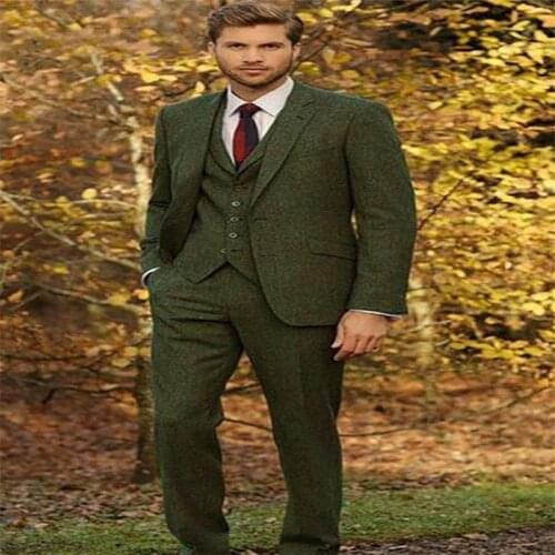 Green Tweed Suit Men Custom Mens Classic Suit Elegant Groom Tuxedos Wedding Suits For Men Slim Fit Man Blazer Vintage Suit 3PCS