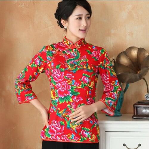 Red Blue Womens Chinese Cheongsam Shirt Tops Phoenix Printing Qipao Shirt Retro Traditional Qipao Blouse 3XL 4XL 5XL Plus Size