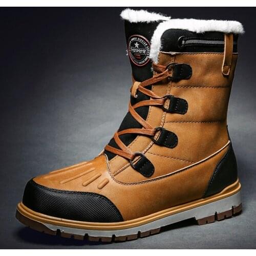 Leather Men Lace Up Boots Winter with Fur Super Warm Snow Boots Men Work Casual Sneakers High Top Ankle Boot Plus Size 38-47
