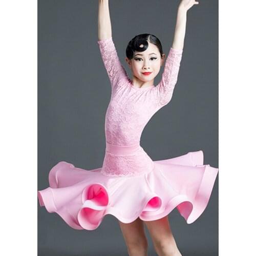 New Latin Dance Dress Girls Pink Lace Split Competition Costumes Tango Rumba Cha Cha Samba Salsa Children Stage Show Wear DN6163
