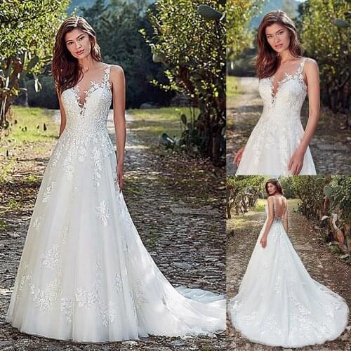 Fascinating Tulle Jewel Neckline A-Line Wedding Dress With Lace Appliques & Beadings Open Back Bridal Gown vestidos de novias