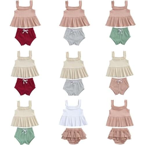 0-24M Newborn Infant Baby Girl Clothes 2pcs Solid Vest Tops+Shorts Summer Sleeveless Ribbed Clothing Set