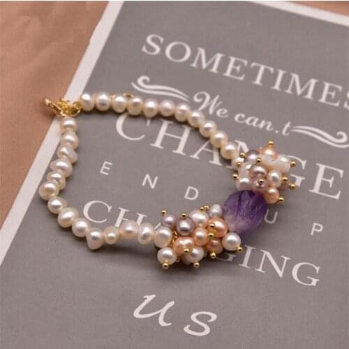 Original Design White Fresh Water Baroque Pearl Purple Stone Charms Bracelet For Women Anniversary Luxury Jewelry Accessories