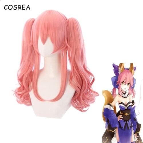 Synthetic Hair Wig For Women FGO Fate Grand Order EXTRA Tamamo No Mae Cosplay Wigs Long Pink Ponytails Curly Wig Heat Resistant