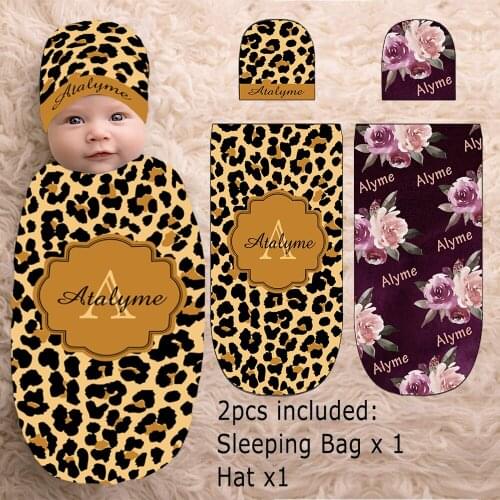 LVYZIHO 2pcs Newborn Baby Monogram Leopard and Purple Floral Personalized Swaddle Wrap Swaddling Sleeping Bag Blanket Hat Set