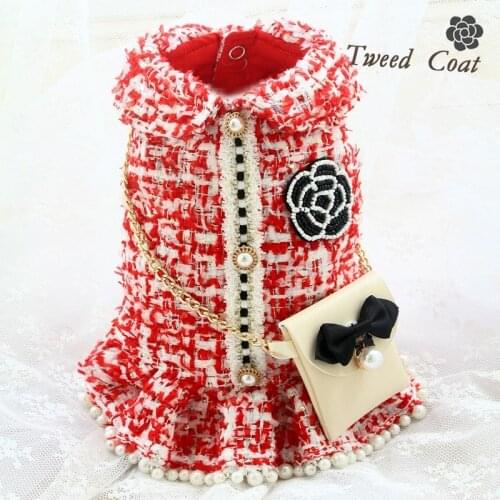 Handmade Tweed Pet Clothes Dog Coat Couples Dress Vest Outfit Red Color Pearls Skirt C Style with Chain Bag Accessories Poodle