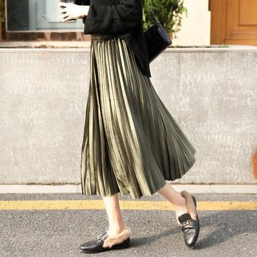 Gold Velvet Pleated Skirts Women Fall Winter Casual High Waist Solid Skirt Korean Office Lady A-line Oversize Bottoms