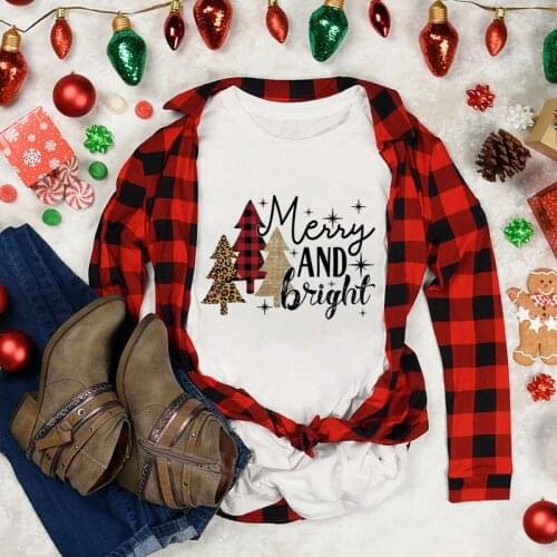Merry Christmas t shirt women printed christmas and bright Plaid tree t shirt women casual short sleeve vogue clothes female top