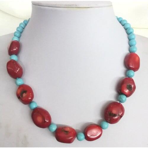 Woman Fashion jewelry baroque red coral stone light blue beads handmade Necklace gift 18'' 45cm