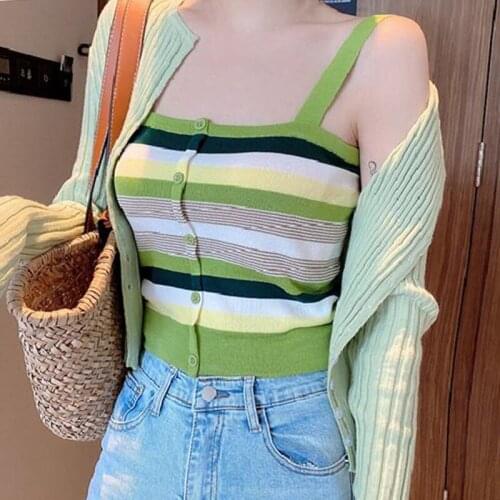 Womens Rainbow Stripe Knitted Sling Tank Tops Summer Ladies Sweet Tops Vest One Size