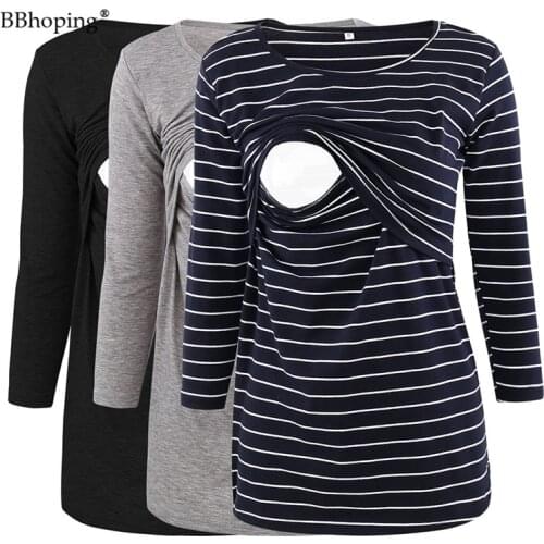 Womens Maternity Nursng Tops Striped 3/4 Sleeve Double Layered Breastfeeding Pregnancy T-Shirt Casual Round Neck Autumn Clothes
