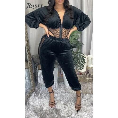 RMSFE 2021 European And American Womens Long Sleeve V-Neck Hooded Casual Fashion Sexy Mesh Suit Set