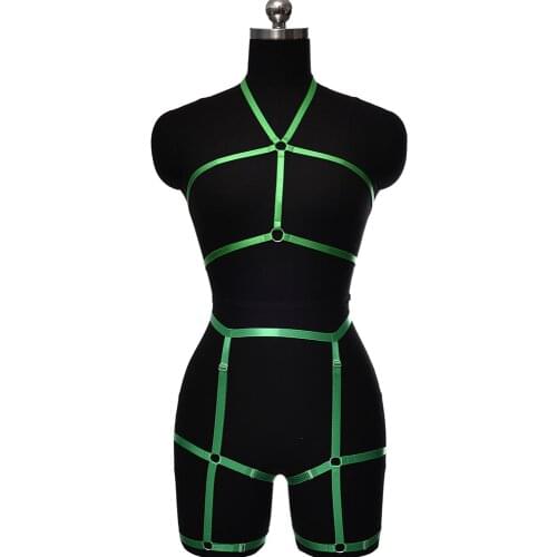Women Sexy Bondage Body Harness Set Leg High Waist Garter And Open Chest Goth Cage Bra Halloween Multicolor Body Cage