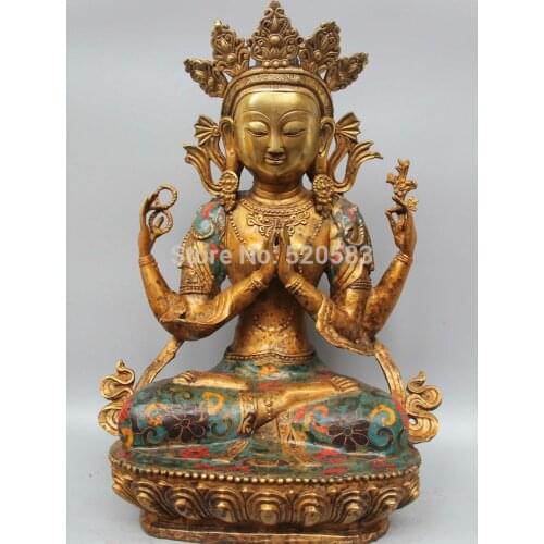 18" Tibet Bronze Gild Cloisonne 4 arms Chenrezig Buddha Avalokiteshvara Statue fast