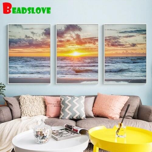3pcs 3d Sunset By The Sea Diamonds embroidery mosaic full square round drill 5d diy Diamond Painting