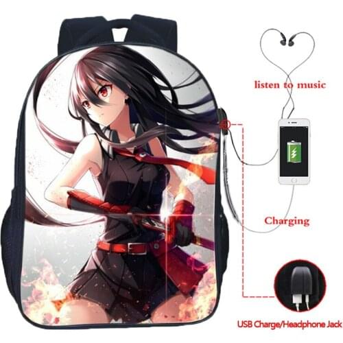 Anime Akame Ga Kill! Yishang Backpack Students School Bag Bookbag Cartoon Print Rucksack Boys Girls USB Charge Daily Knapsack