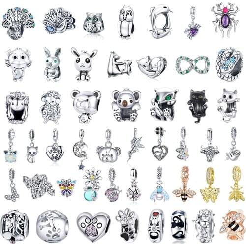 WOSTU 925 Sterling Silver Cute Animal Bee Cat Bear Snake Beads Charms Pendant Fit Women Bracelets Fashion Jewelry DIY Gift