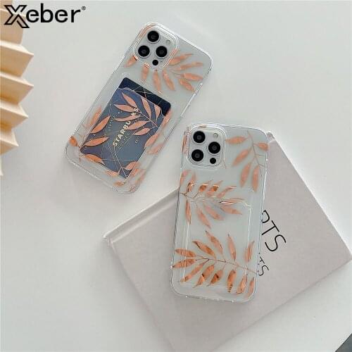 Electroplated Rose Gold Leaf Card Slots Holder Phone Case For iPhone 11 12 Pro Max XR X XS 7 8 Plus SE 2 Clear Wallet Soft Cover