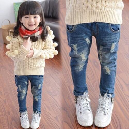 Spring Spring and Autumn New Hole Jeans Girl Children Baby Old Pants Denim Pants Tide 2-7 8 Ages 3t Jeans Girls Ripped Jeans