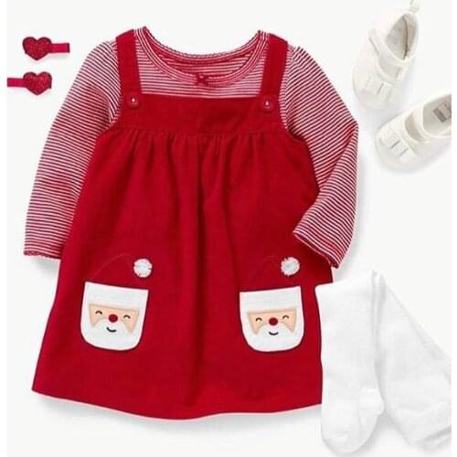 FOCUSNORM Christmas Baby Girls Clothes Sets 0-3Y Long Sleeve Pullover Striped Tops Santa Pocket Bib Overalls Dress