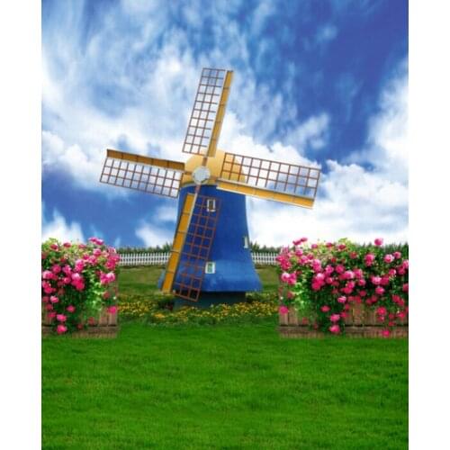 5x7ft Blue Sky Flowers Lawn Windmill Photography Backdrops Photo Props Studio Background