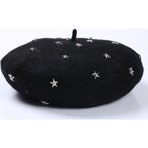 Bonnets Beret hat women wool solid color Five-pointed star retro hat retro plain beret hat warm hat elegant ladies winter hat