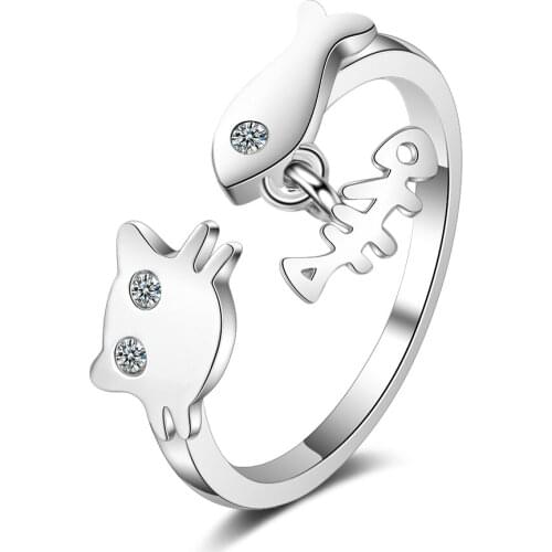 Todorova New Arrival Cute Little Cat Fish Bone Finger Rings For Women Adjustable Zircon Ring Fashion Jewelry Gift