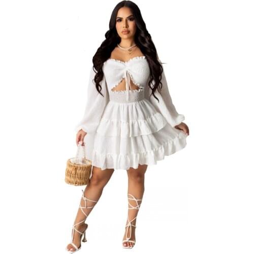 Summer Solid Color Ruffles Puff Long Sleeve Club Party Dress Women Birthday Outfits Sexy Off Shoulder Sundress Vestidos S-2XL