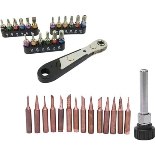 15PCS Pure Copper Solder Iron Tip 900M Tip & 19Pc 1/4 Ratchet Wrench Screwdriver Set Small Fly Screwdriver Combination