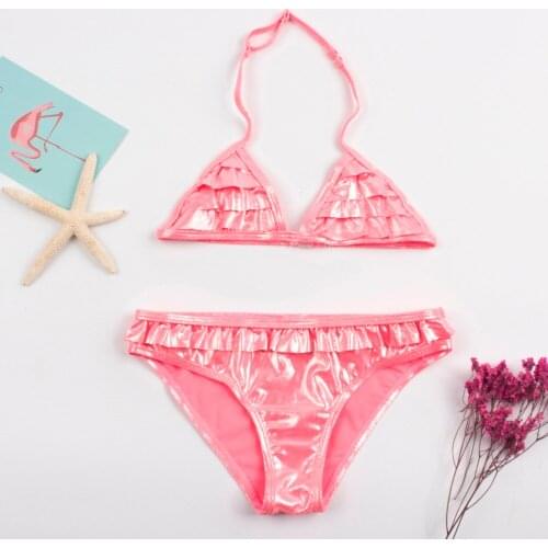 New Girl Silver Pressed Bikini Children Falbala Swimsuit Girl Two Piece Beachwear Kids Tankini Biquini Swimwear Bathing Suit