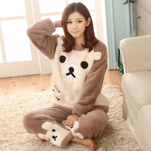 2 PIECE Cute Bear Pajamas for Teen Girls Plus Size Lingere Flannel Sleepwear Kawaii Winter Negligee Plants Nightwear