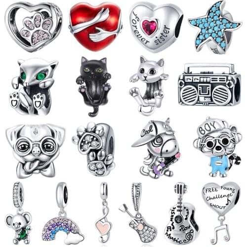 WOSTU Genuine 925 Sterling Silver Heart Musical Note Bead Charm Pendant Fit Oringal Bracelet Bangle Women DIY Fine Jewelry Gift