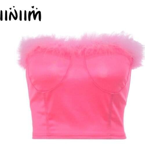 New Arrival Female Women Fashion Faux Fur Trim Strapless Crop Top Sleeveless Zipper Back Tube Tops Vest Tops Clubwear