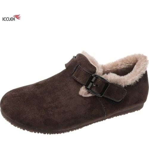 Womens Boots 2021 Solid Color Short Boots Buckle Women Shoes Plush Slip-on Flat Footwear Winter Warm Booties Female Snow Boot