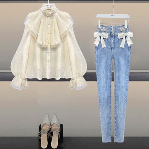 Large size womens fashion casual spring suit womens Korean version age reducing jacket skinny jeans two-piece suit