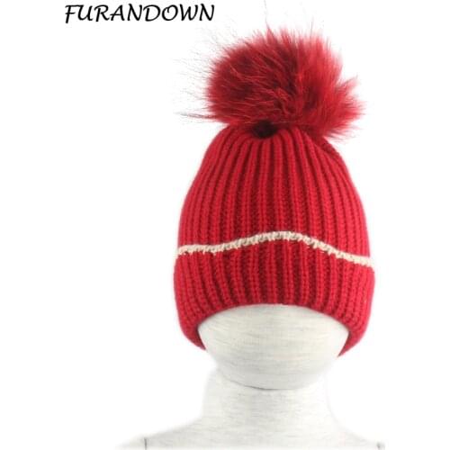 Winter Hat For Kids Children Cotton Knitted Beanie Boys Cap Real Fur Pompom Girls Hat Baby Skullies Beanies