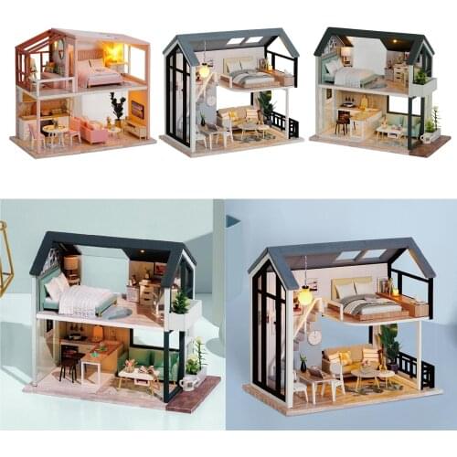 1:24th DIY Assembly Miniature LED Light Doll House Model Kids Toys Table Decor Dollhouse Furniture Kit with LED Christmas Gift