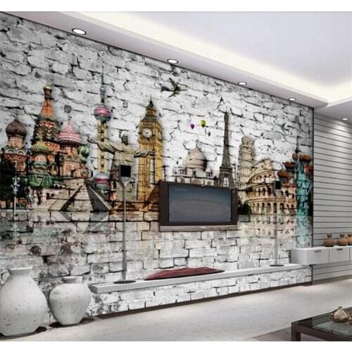 Custom 3D Mural Wallpaper Roll Classic European Architecture Eiffel Tower Big Ben Statue of Liberty Brick Wall Paper Murals 3D