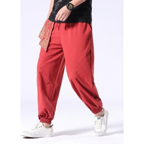 #8048 Summer Cotton Linen Harem Pants Men Loose Embroidery Elastic Waist Plus Size 5XL Ribbons Japanese Streetwear Trousers