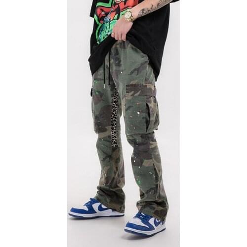 Streetwear Men Cargo Pants Hip-hop Distressed Camouflage Splash Flared Pants Men Women Pockets Drawstring Baggy Trousers