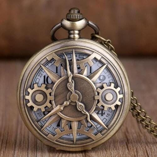 Antique Steampunk Bronze Hollow Gear Movement Quartz Pocket Watch Pendant Gift With Chain Pocket Watches For Watch Gift Boys Men
