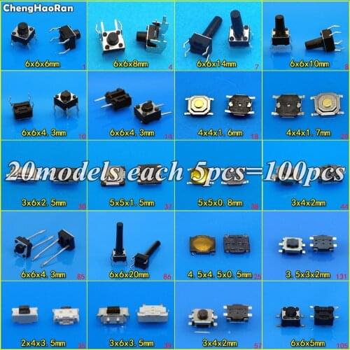 ChengHaoRan 100PCS 20 types SMD Assortment Kit Momentary Tact Tactile Push Button Switch Sets Life 100000 times High Quality
