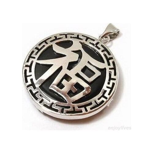 DD Wholesale FREE SHIPPING >>> Black Agate White Gold Plated Fortune Word Luck Pendant and Necklace